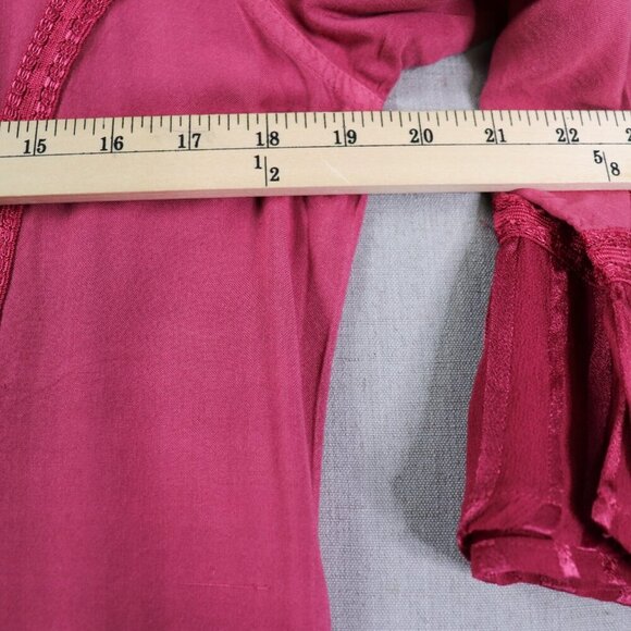 BFA Classic Embroidered Button Front Dress M Boho Fuchsia Rayon Midi Tie Back - Picture 15 of 16